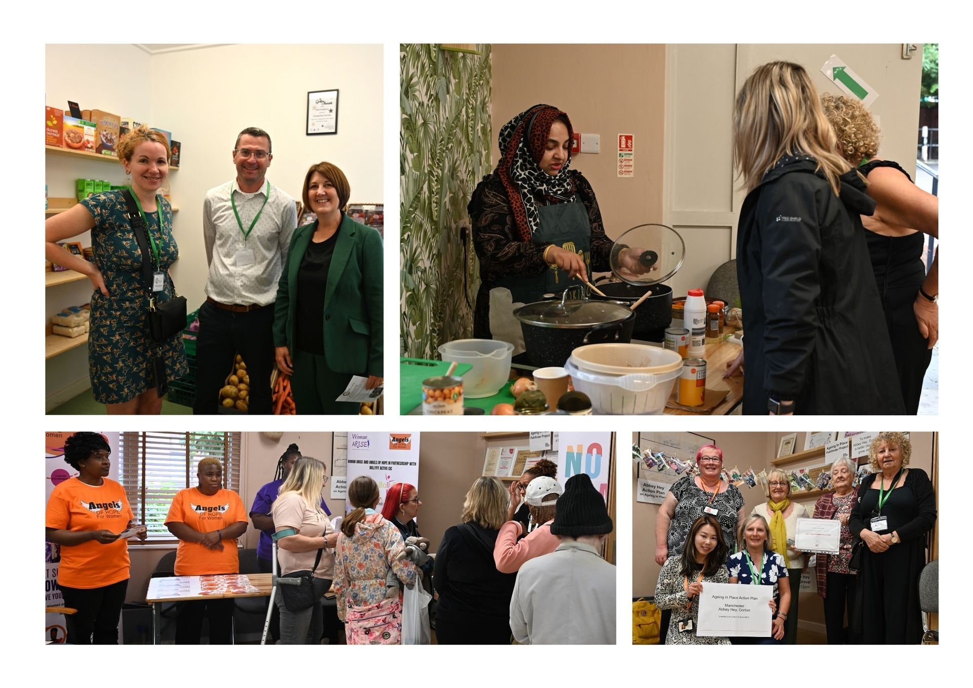 Photo collage of the Gorton Central relaunch celebration days. Top left: People in the Community Food Hub space looking at the camera and smiling. Top Right: A cookery teacher is demonstrating her dish to two people. Bottom Left: A community group is showcasing their work to members of the public. Bottom Right: The Ageing in Place project team shows their certificates and work. 