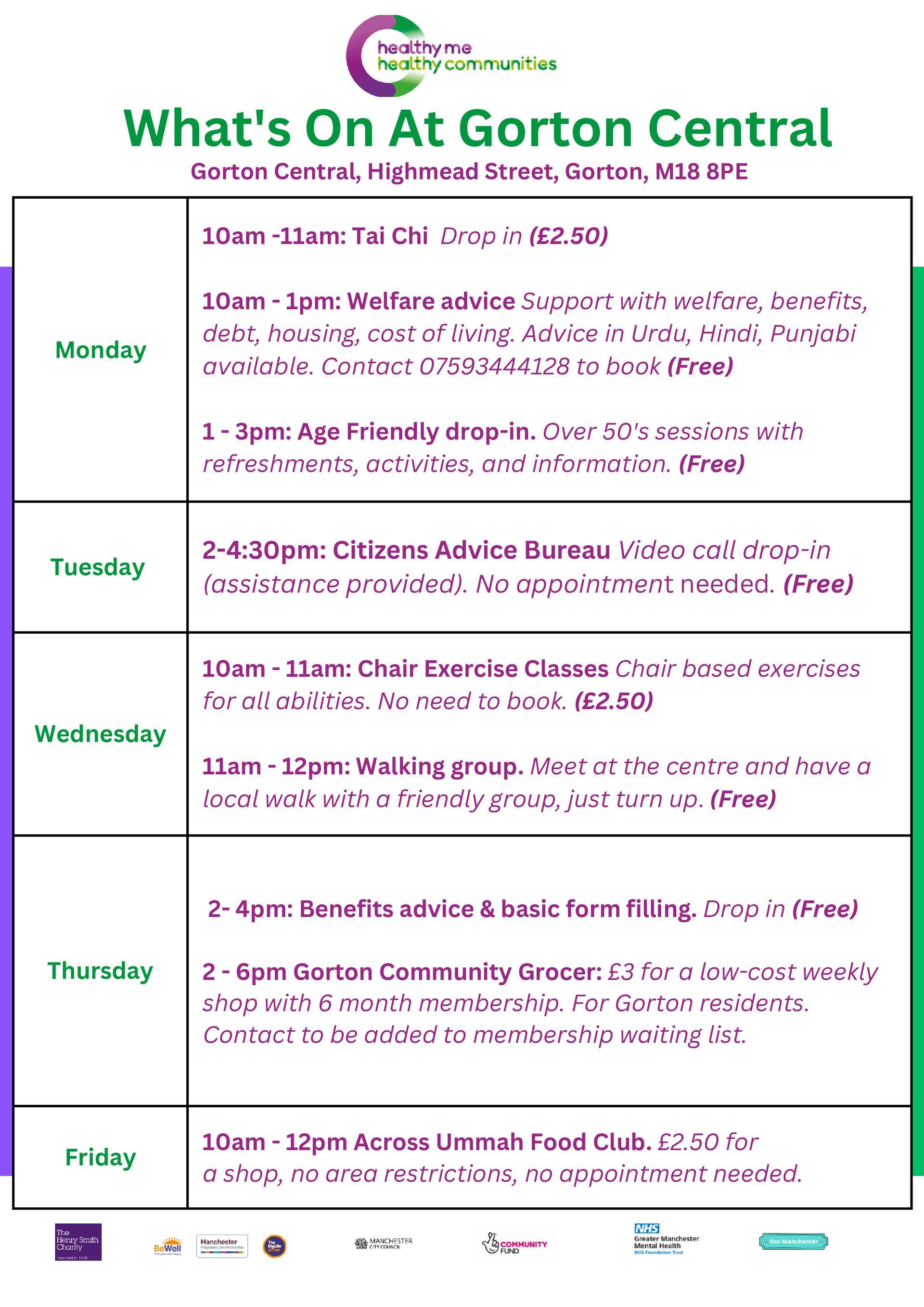 A time table of all activities taking place at Gorton Central throughout the week