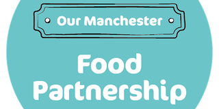A blue sign that says our manchester food partnership