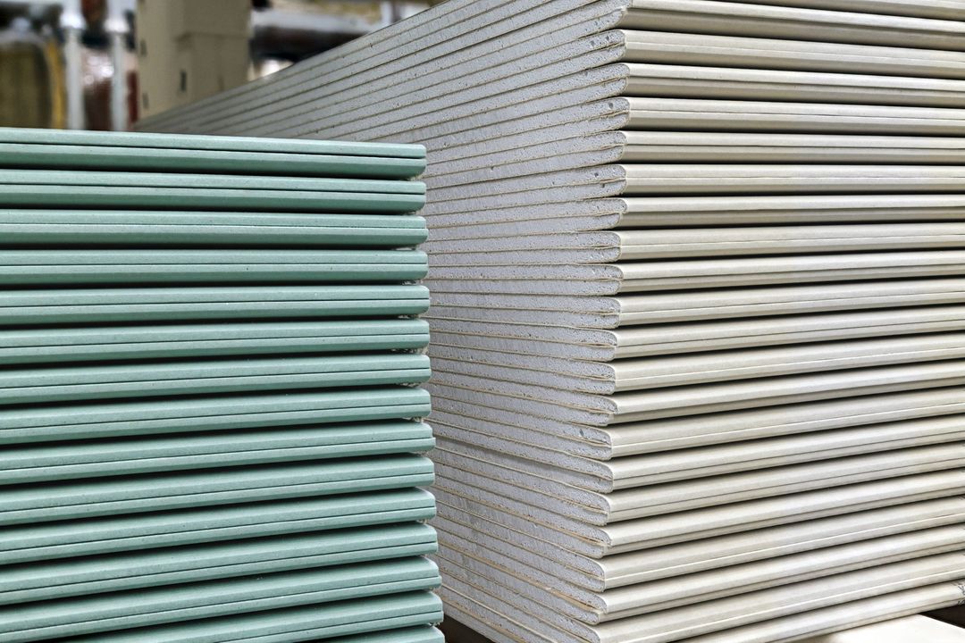 Due pile di pannelli di cartongesso per l'edilizia, una verde chiaro e una bianco sporco, in un magazzino o in un negozio.