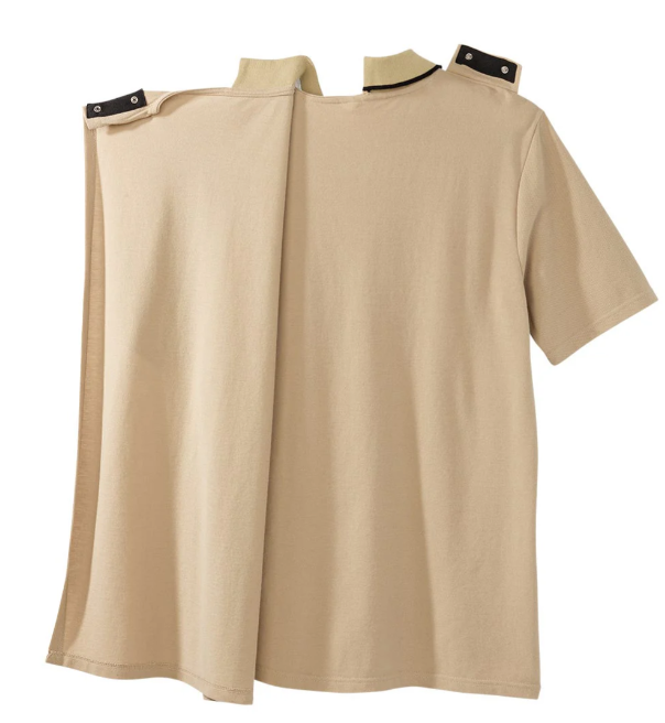 Beige adaptive short-sleeve polo shirt with a draped panel and shoulder straps on a white background