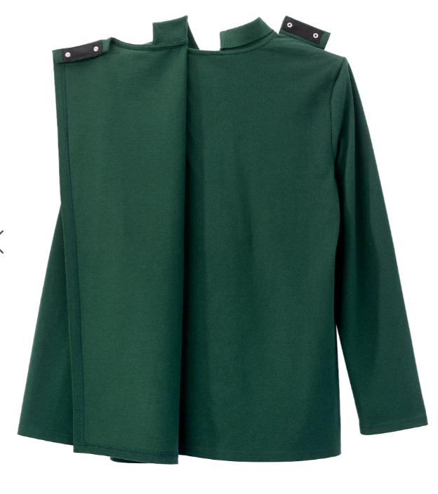 Dark green adaptive style long-sleeve polo with shoulder tabs, shown back view on a white background