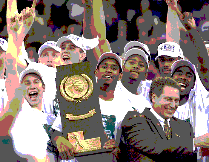 Basketball team celebrating, holding trophy, wearing white hats and shirts. Coach smiles, team is in a gymnasium.