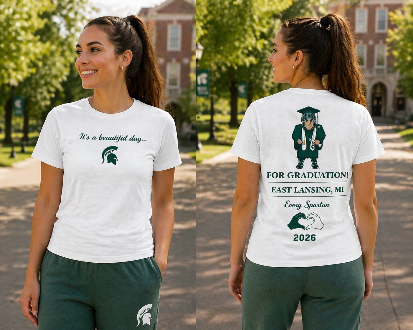 Model in white and green university T-shirt, front and back views in a sunny campus setting