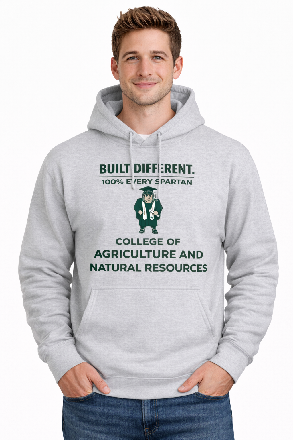 A light gray hooded sweatshirt worn by a man, featuring the text 