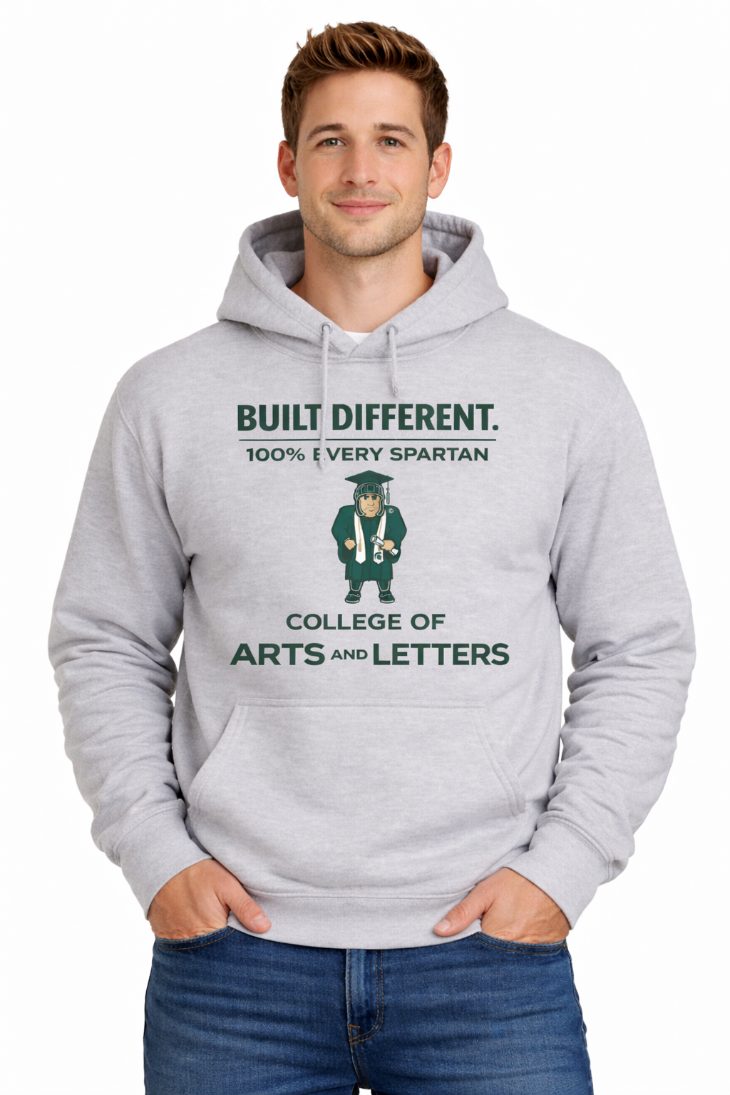 A light gray hoodie featuring a cartoon mascot in graduation attire and text reading 