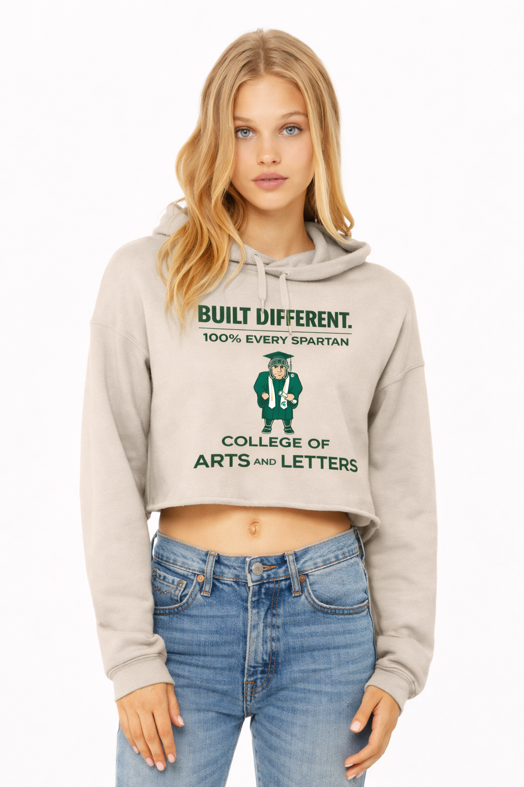 Light-colored cropped hoodie featuring a green 
