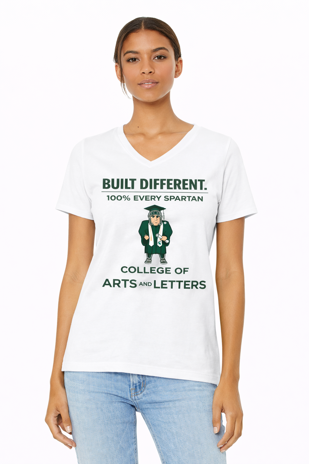 A white V-neck t-shirt featuring a green Spartan mascot graphic and text reading 