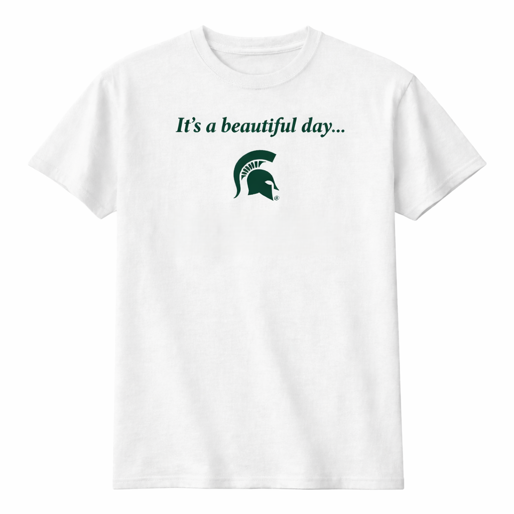 White T-shirt with green “It’s a beautiful day...” text and a small Spartan helmet logo.