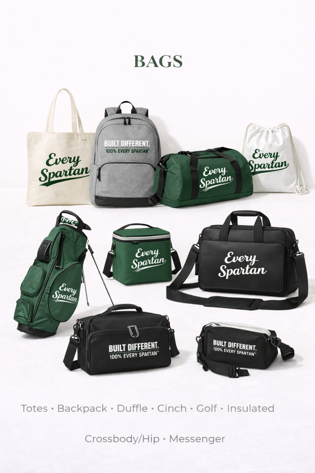 Various green and black bags with 