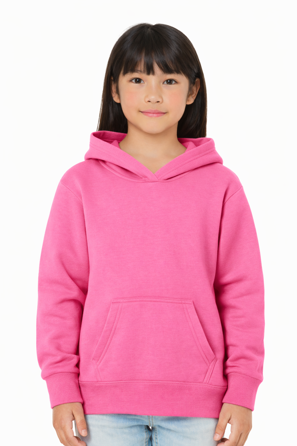 Bright pink pullover hoodie with a hood, drawstrings, and a front kangaroo pocket. 