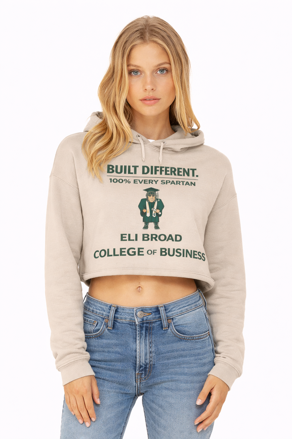 A tan cropped hoodie with a graphic of a Spartan mascot and the text 