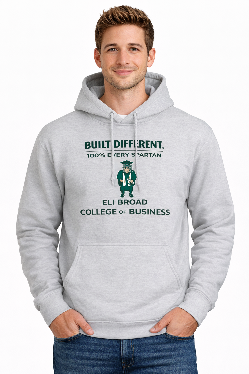 Man in gray hoodie with “Built Different” graphic, standing against a white background.