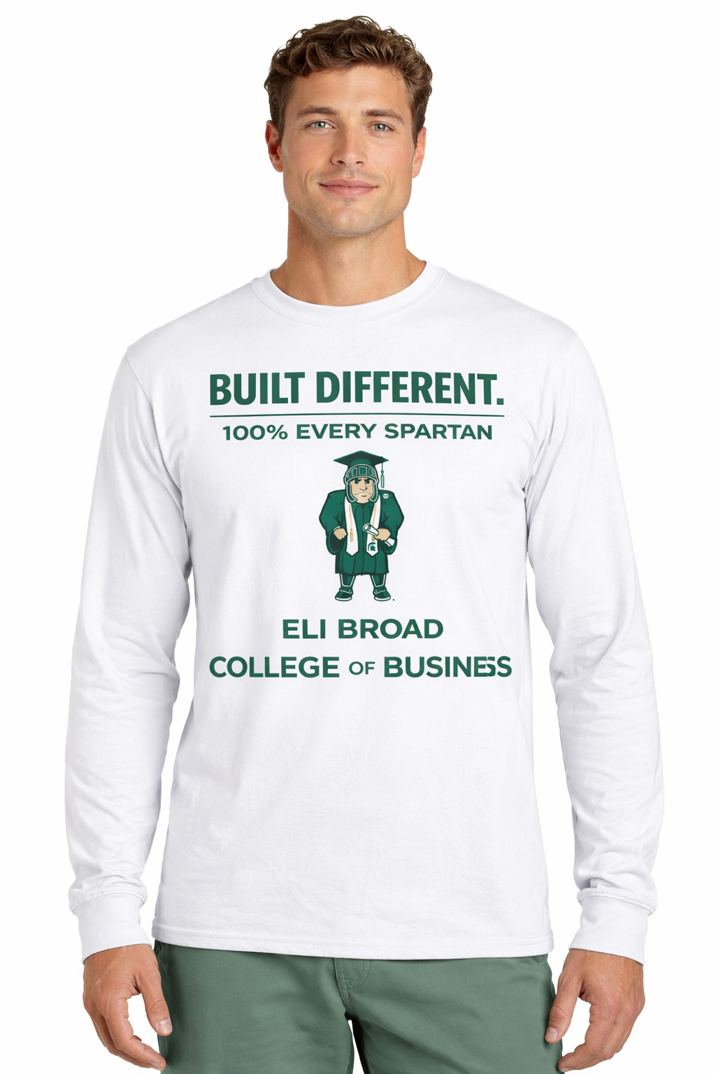 A man wearing a white long-sleeve shirt featuring a green Spartan mascot logo and the text 