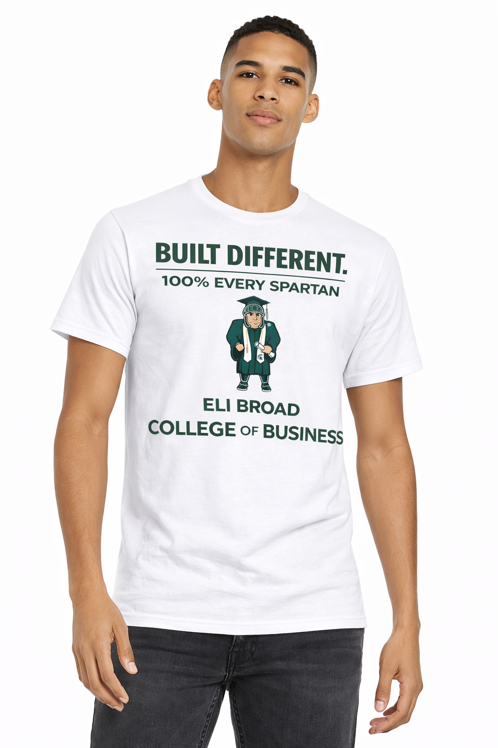 A white T-shirt featuring the green text 