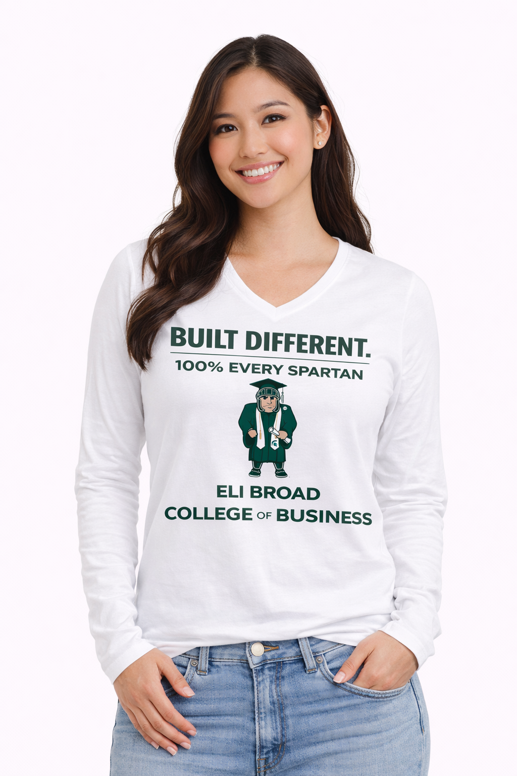 A long-sleeved white V-neck shirt featuring a Spartan mascot graphic and the text 