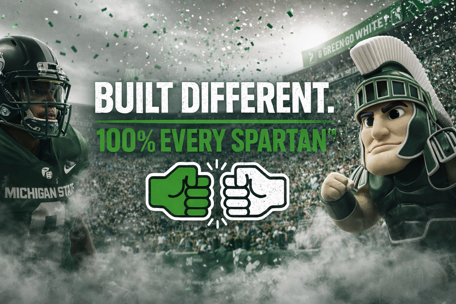 Michigan State Spartans football player and mascot facing each other in a stadium, with slogan 