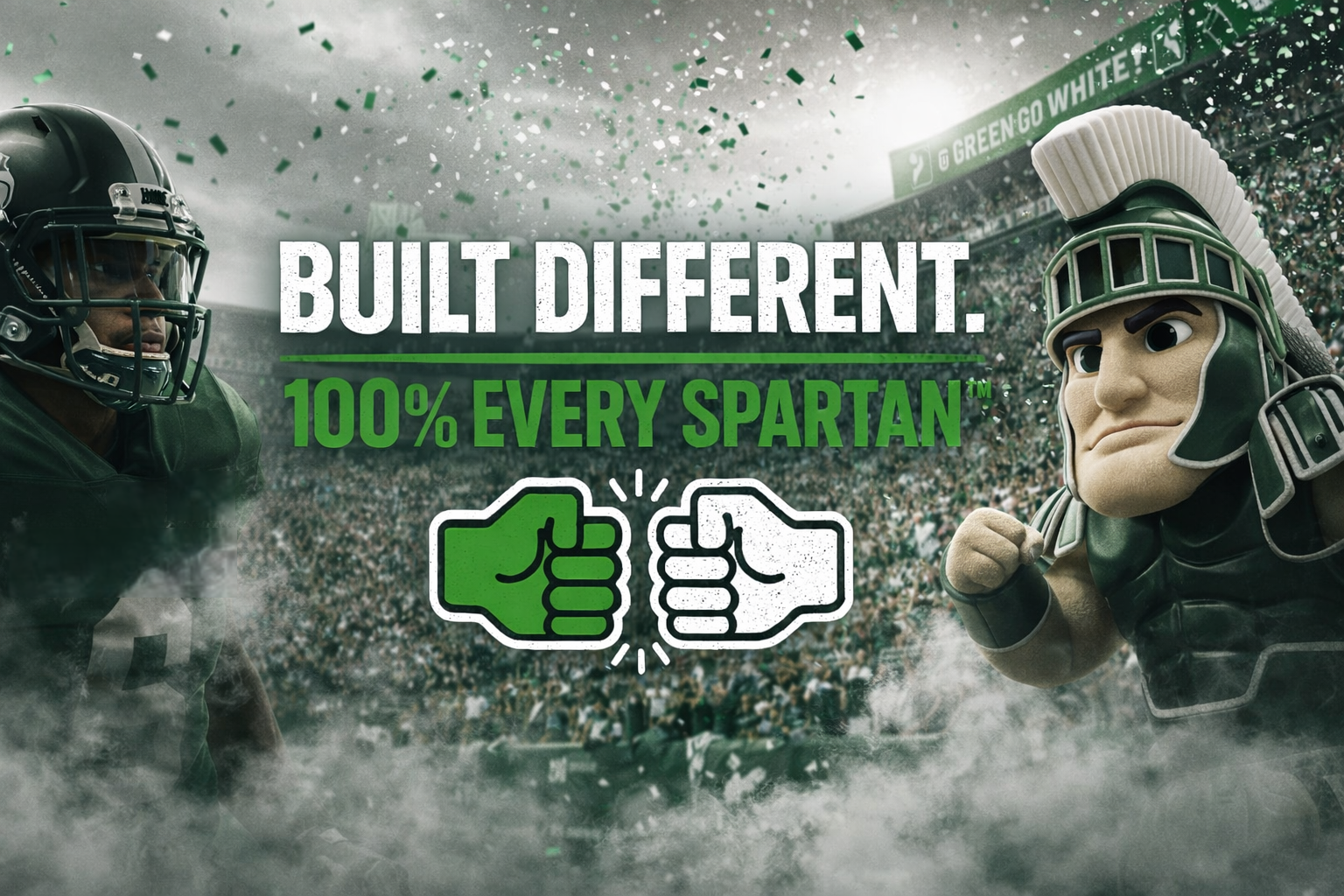 Football player and Spartan mascot facing each other on a stadium field; 