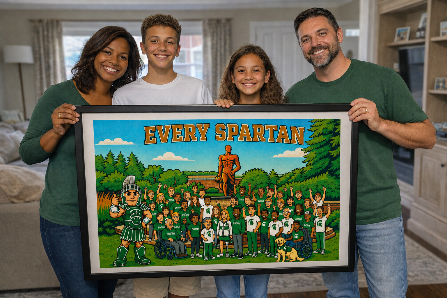 Family holding framed Spartans poster in a living room, smiling at the camera.