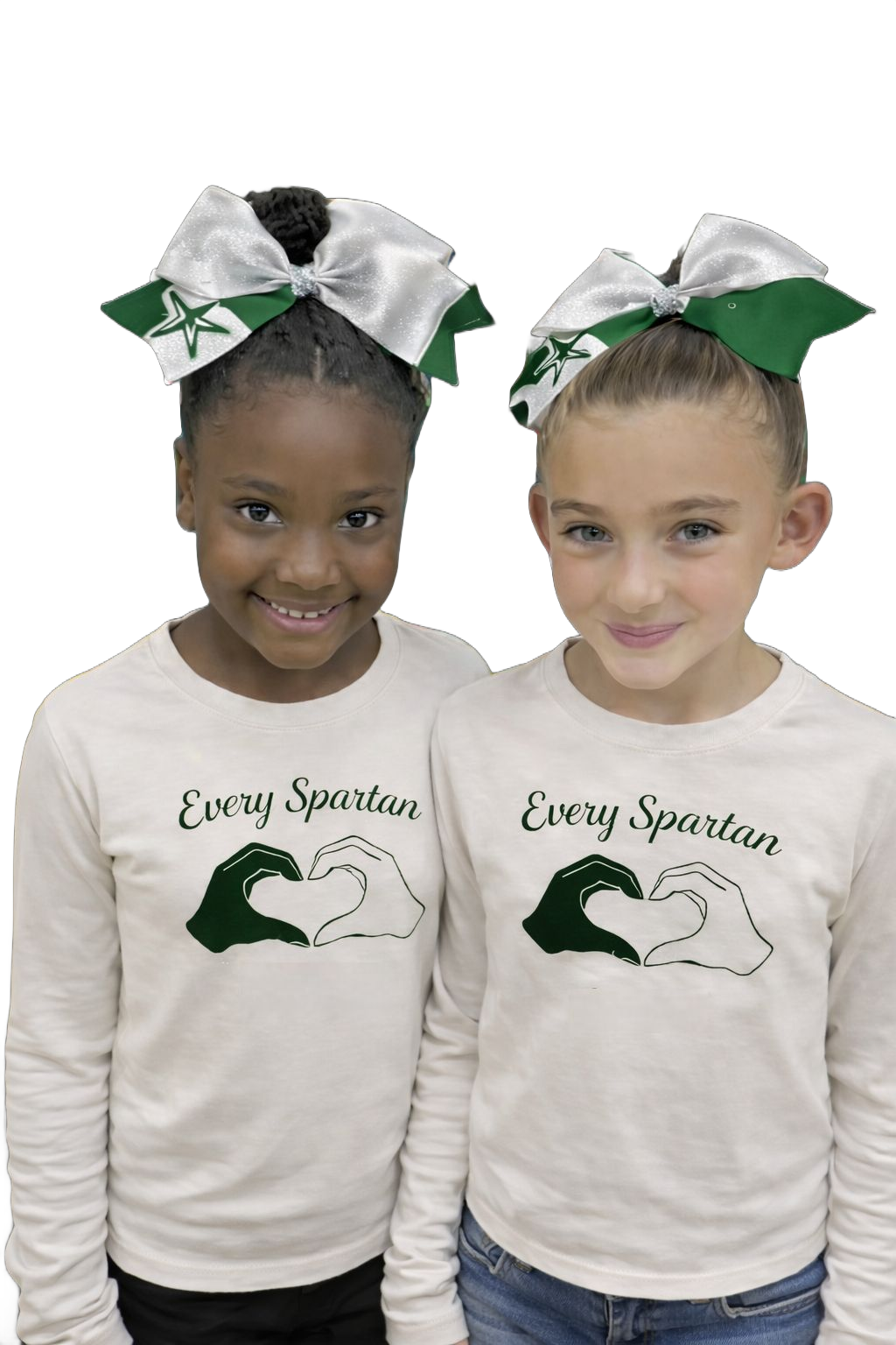 Two children wearing white shirts, green and white bows; shirts feature a heart-shaped hand graphic, text