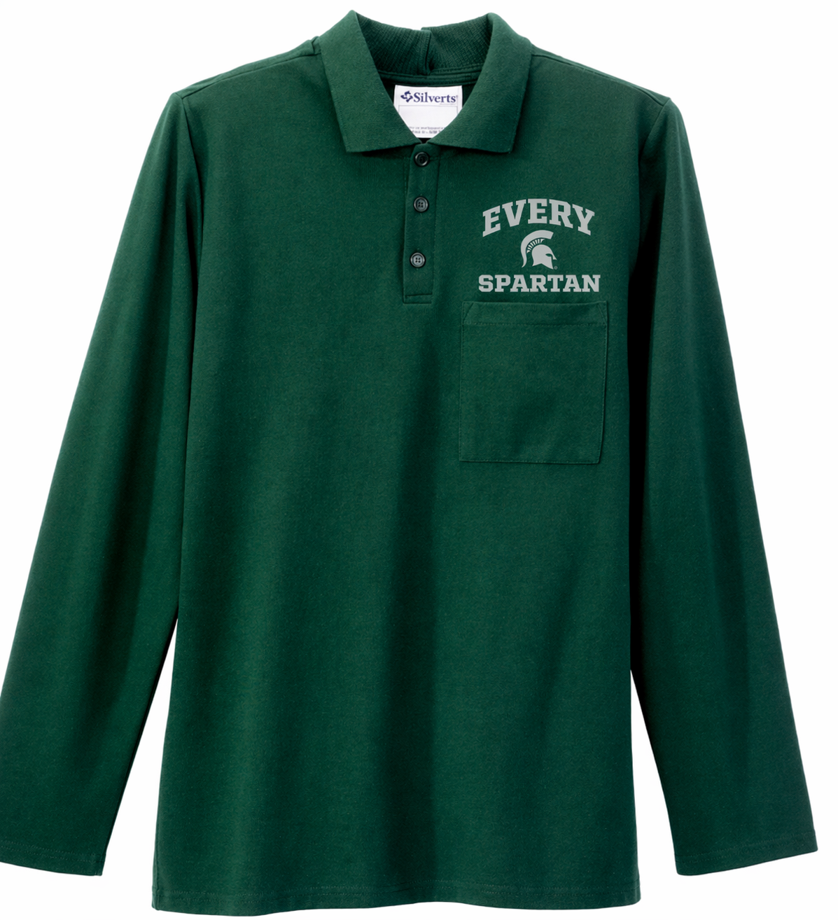 Green long-sleeve polo shirt with “EVERY SPARTAN” logo on the chest
