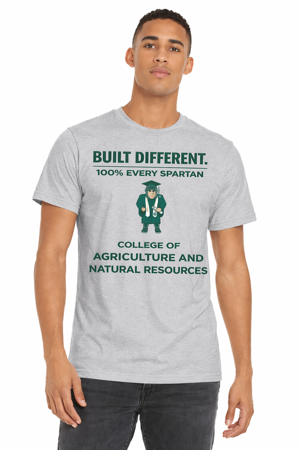 Gray T-shirt with “BUILT DIFFERENT.” and “College of Agriculture and Natural Resources” Spartan graphic