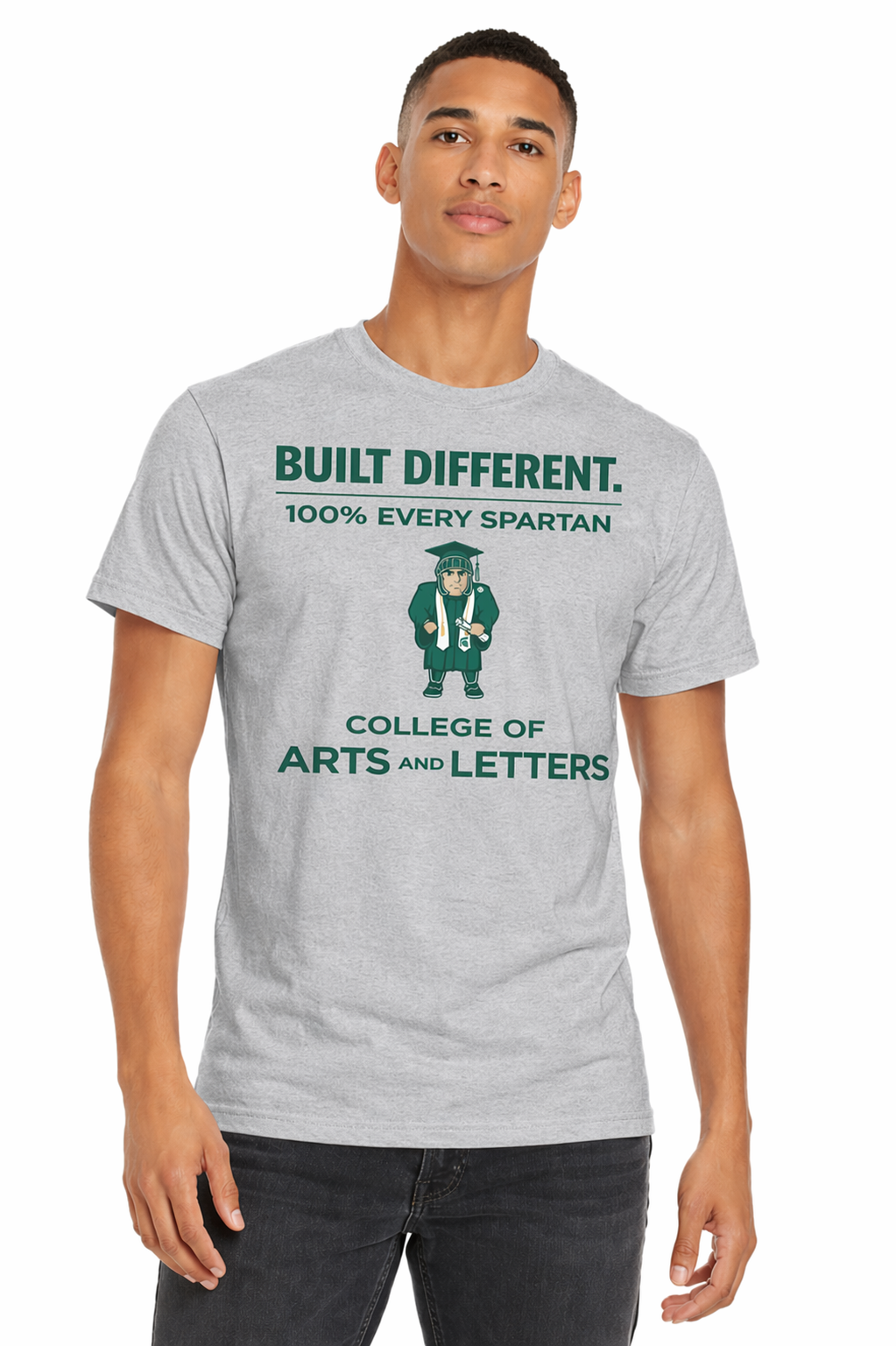 Man wearing a gray Spartan College of Arts & Letters T-shirt with green text and logo