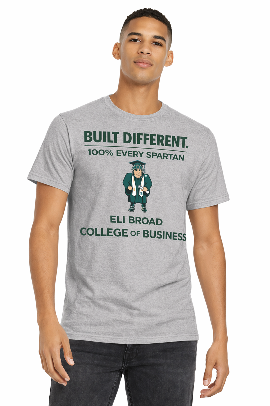 Gray T-shirt with “Built Different” text and a green mascot graphic from Eu Brod College of Business