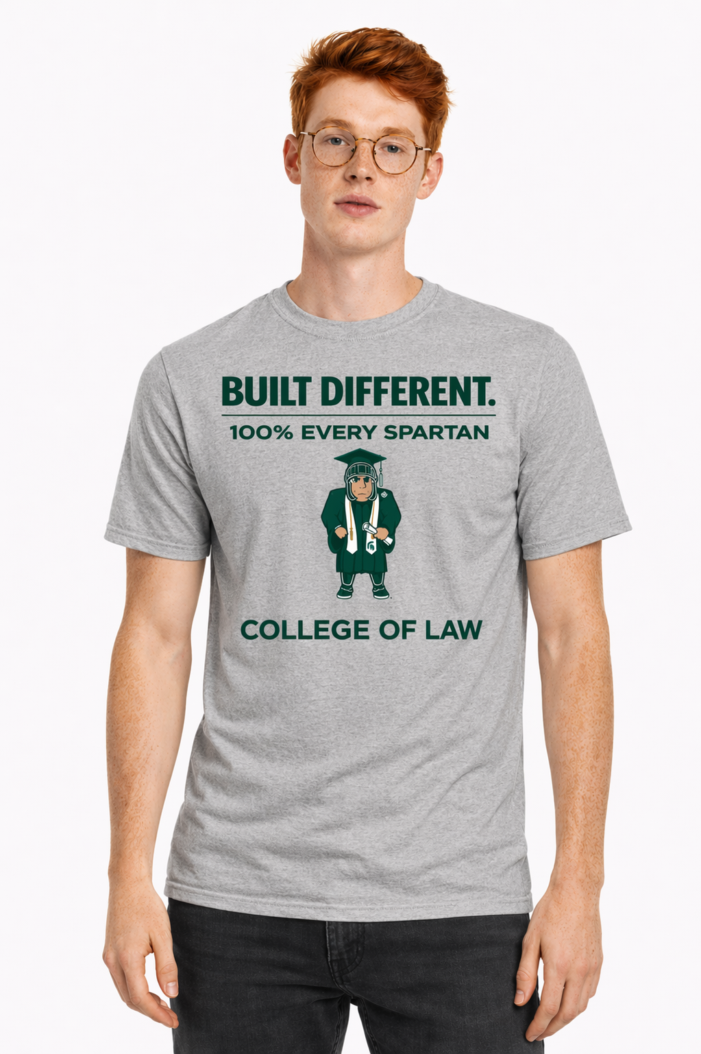 Gray T-shirt with green “Built Different” college of law graphic and panther illustration on a model