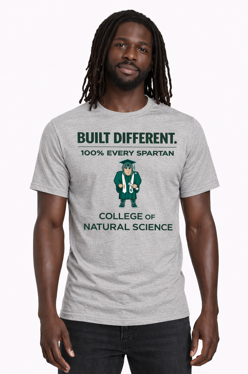 Man wearing a gray “Built Different” T-shirt with green graphic and “College of Natural Science” text.