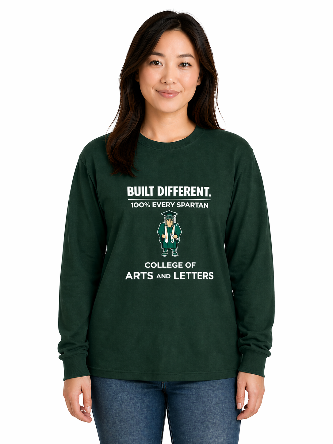 Model wearing a dark green college sweatshirt with white text and a tiger graphic, standing against a white background