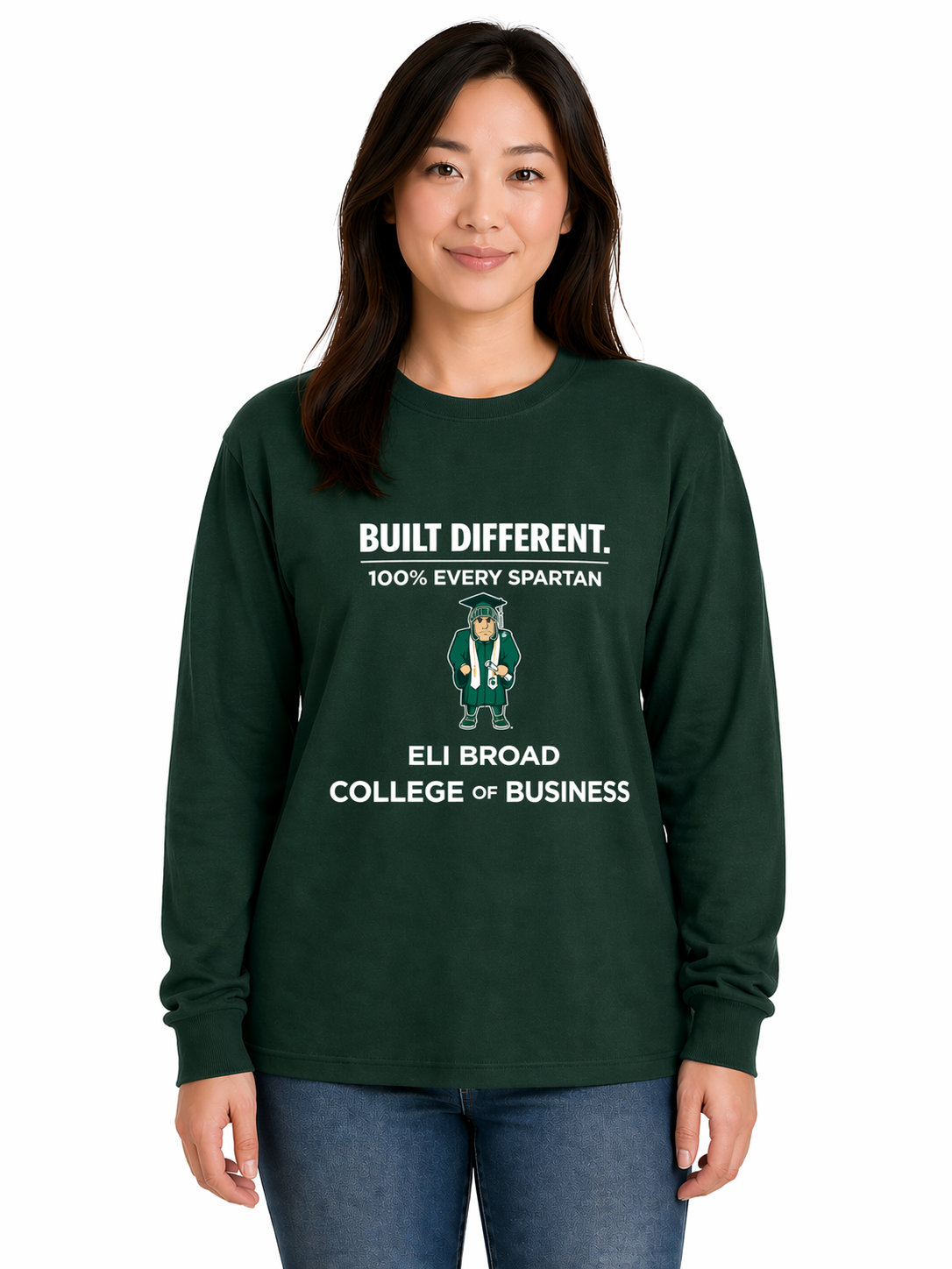 Woman wearing a green college sweatshirt with white text, standing against a white background
