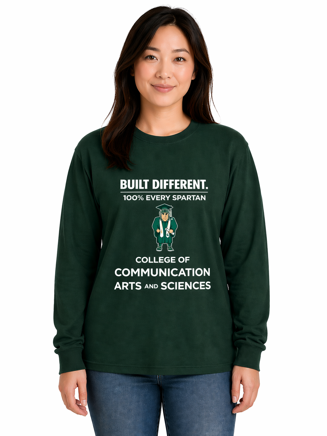 Person wearing a dark green “Built Different” College of Communication Arts & Sciences sweatshirt.