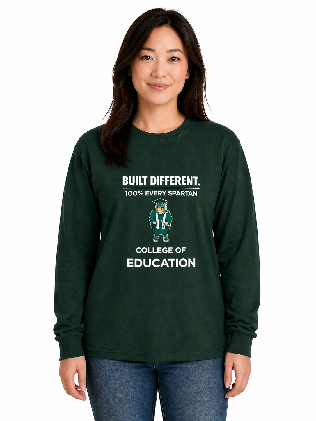 Woman wearing a green College of Education sweatshirt and jeans, standing against a white background.