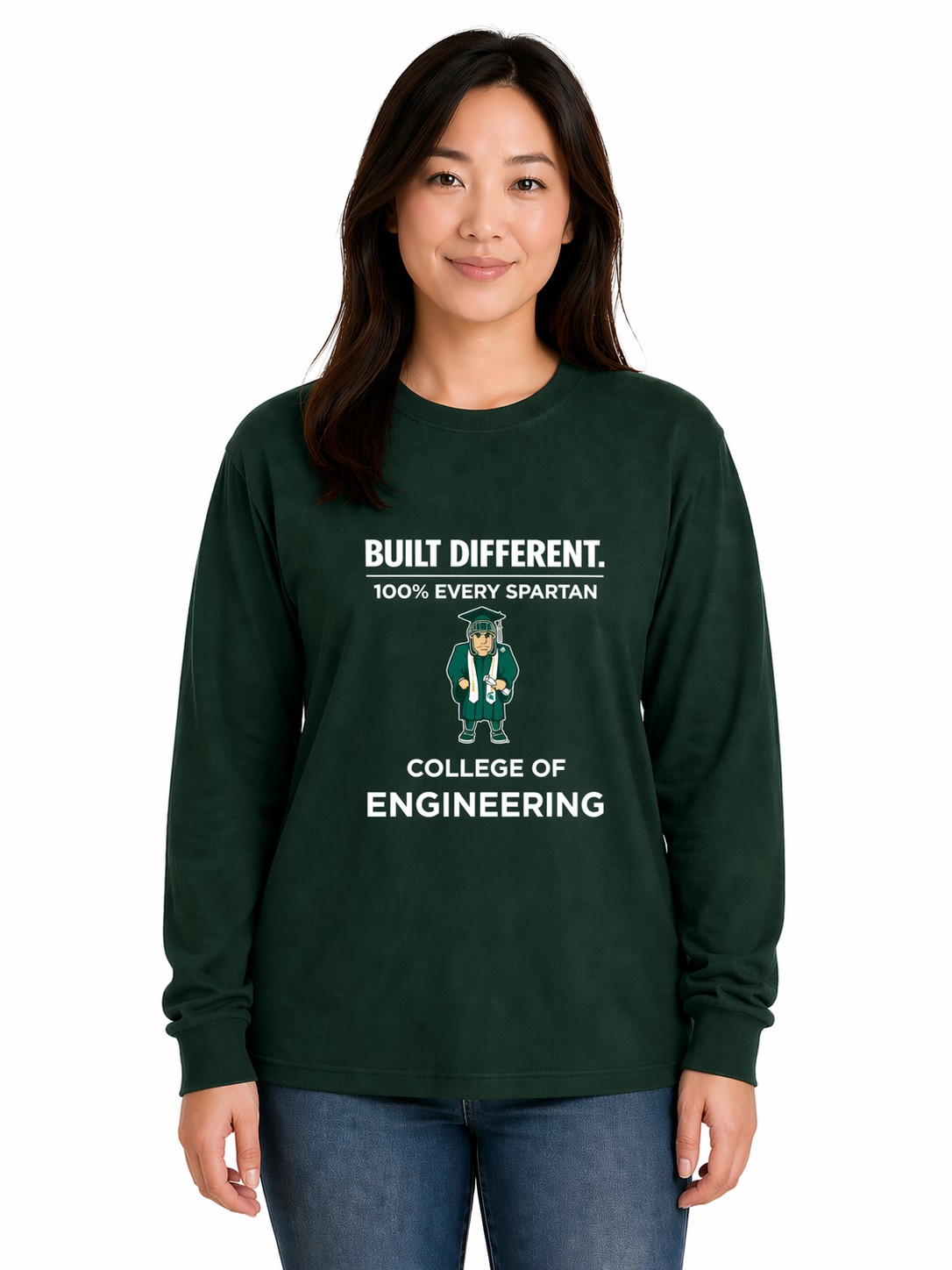 Woman modeling a dark green College of Engineering sweatshirt with white text on a white background