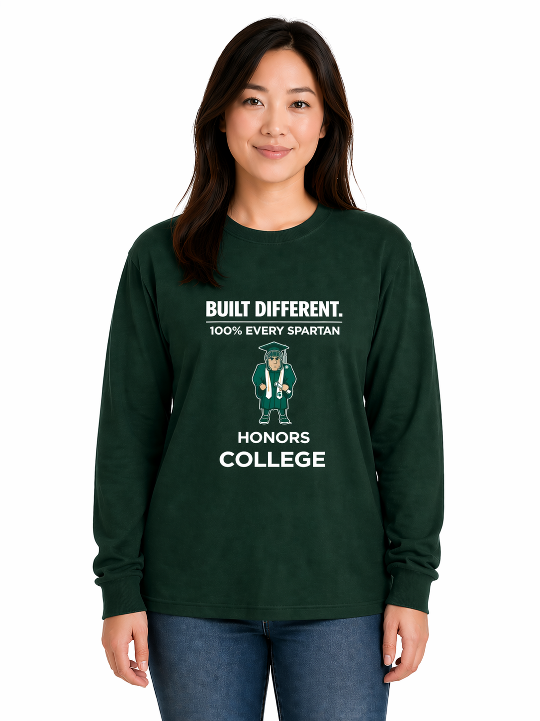 Woman wearing a dark green Honors College sweatshirt and jeans on a white background