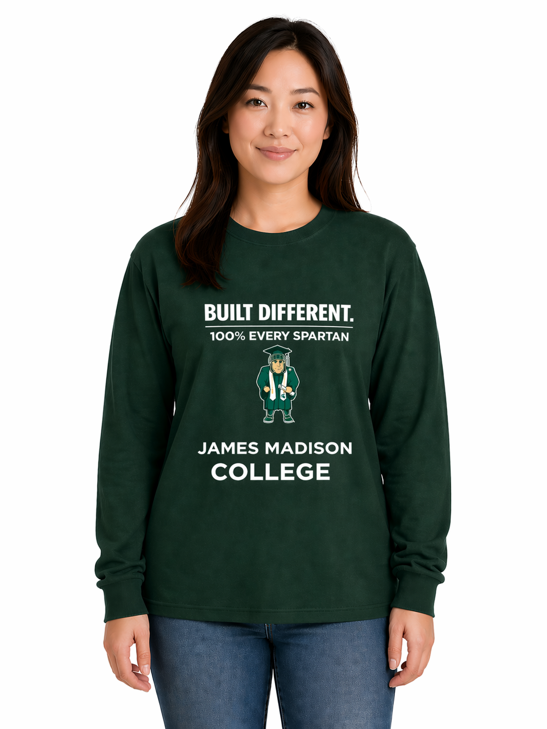 Woman wearing a dark green James Madison College sweatshirt and jeans, standing against a white background.