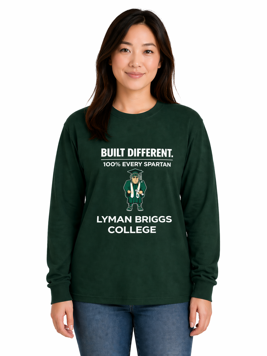 Woman wearing a green Lyman Briggs College sweatshirt with white text and logo, standing against a white background
