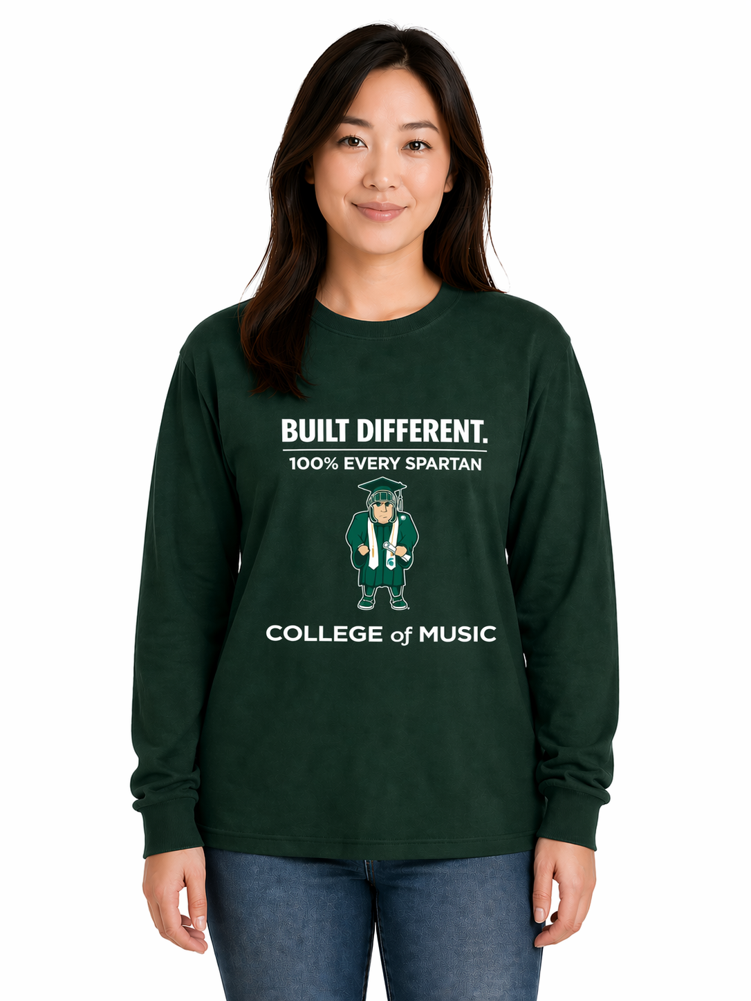 Woman wearing a dark green College of Music sweatshirt and jeans, standing against a white background.