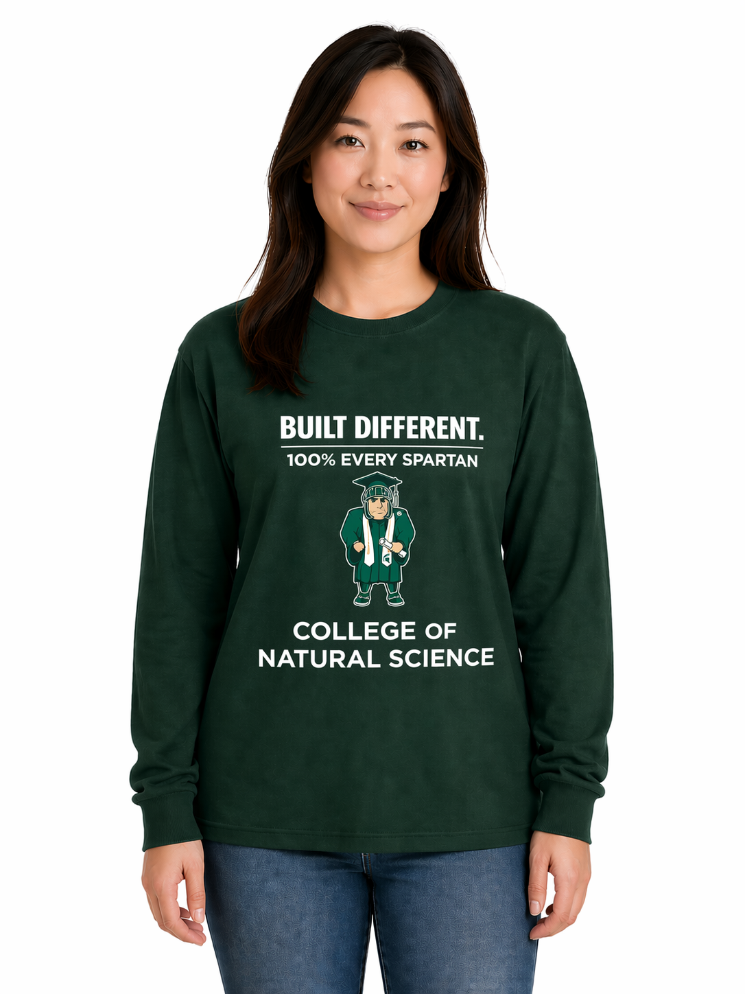 Woman wearing a dark green college sweatshirt and jeans on a white background
