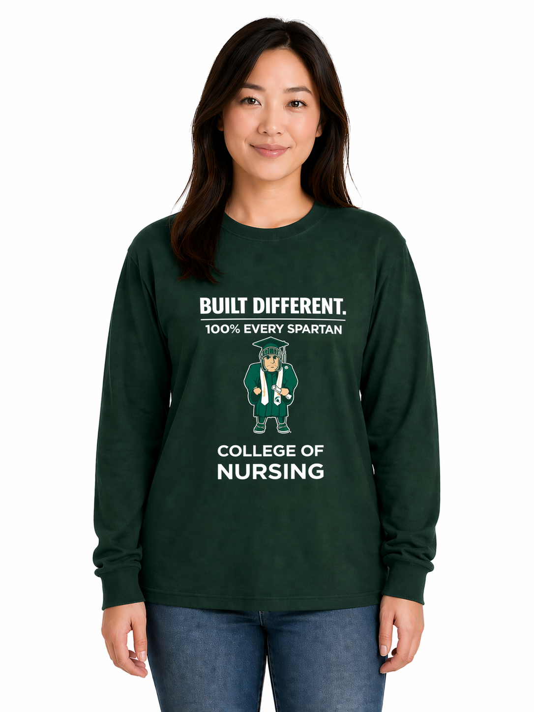 Woman wearing a dark green College of Nursing sweatshirt and jeans, standing against a white background.