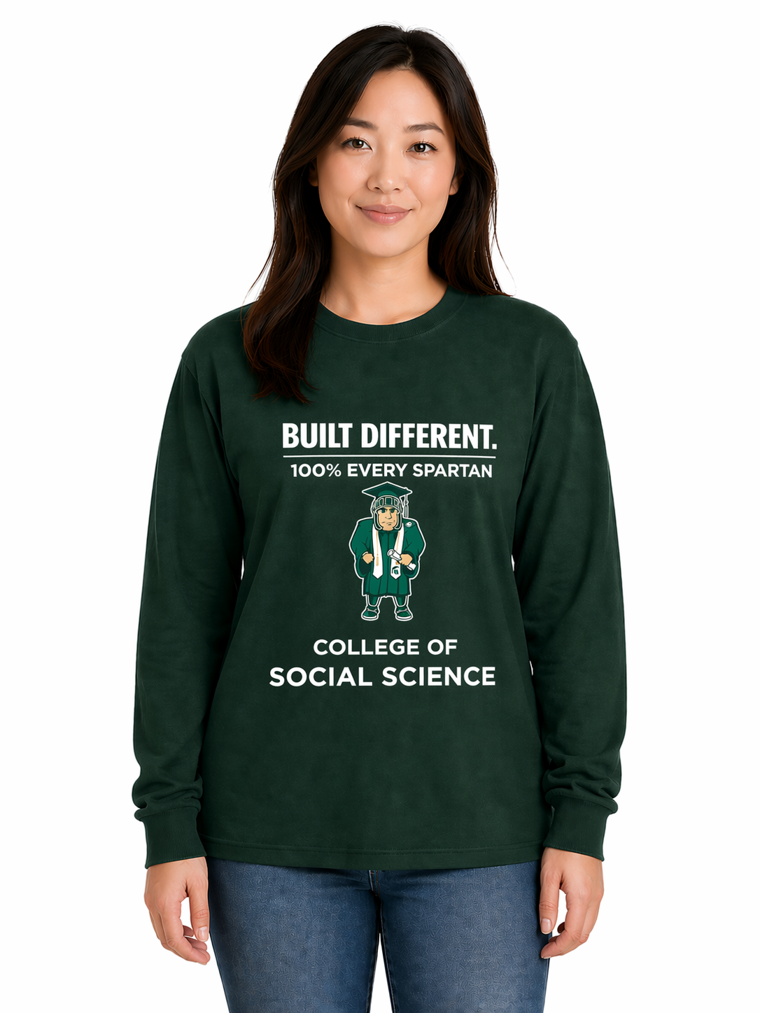 Woman wearing a dark green sweatshirt with a college social science graphic on a white background