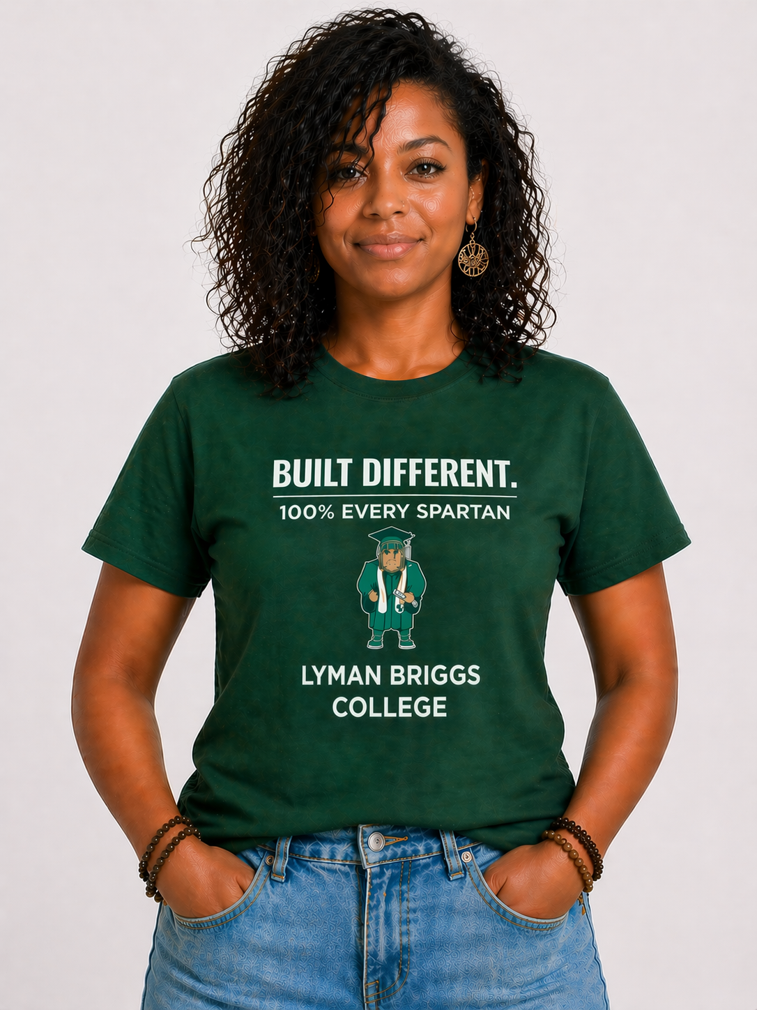 Woman in green T-shirt with 