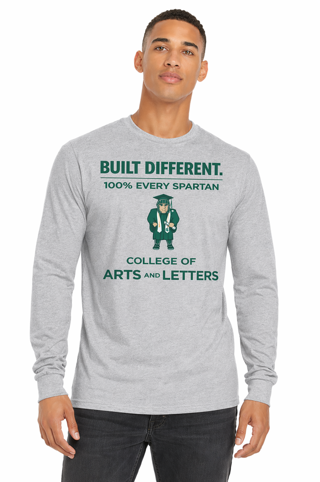 Gray long-sleeve shirt with green text and Spartan graphic reading “Built Different” and “College of Arts & Letters”