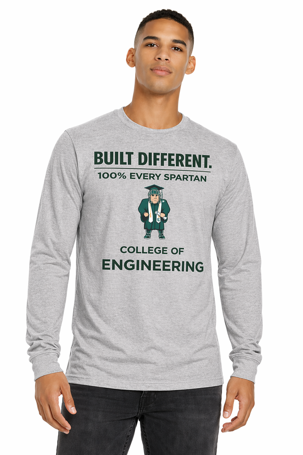 Man wearing a gray “Built Different” college of engineering long-sleeve shirt with Spartan graphic.
