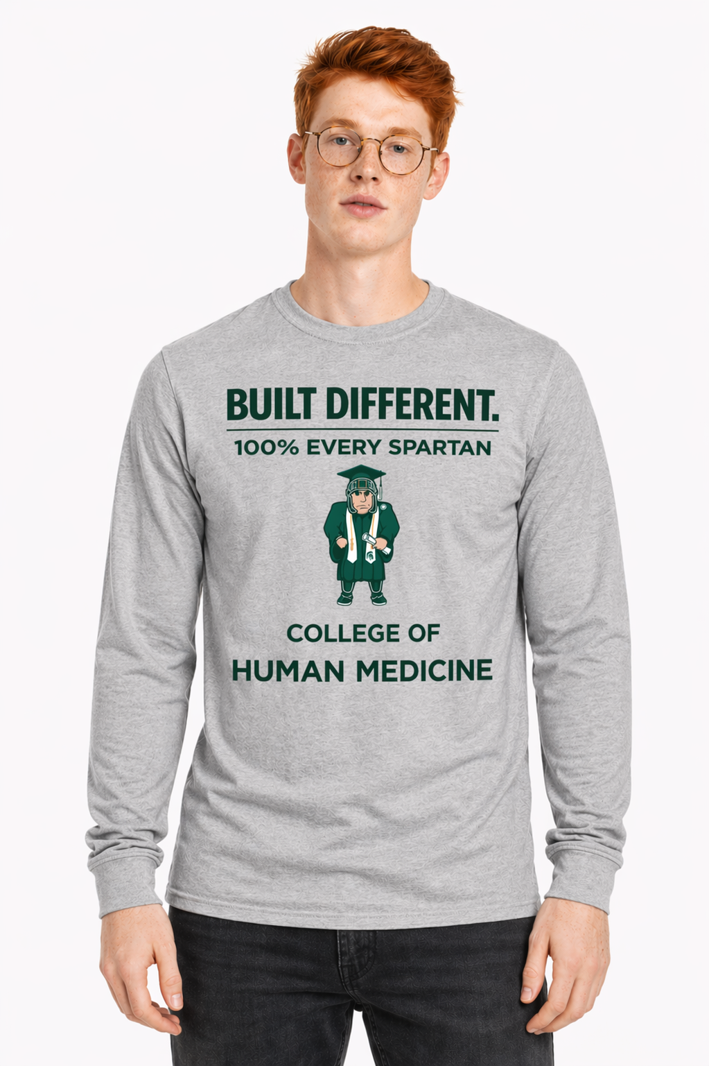 Gray long-sleeve shirt with “BUILT DIFFERENT” and “College of Human Medicine” text and a mascot graphic