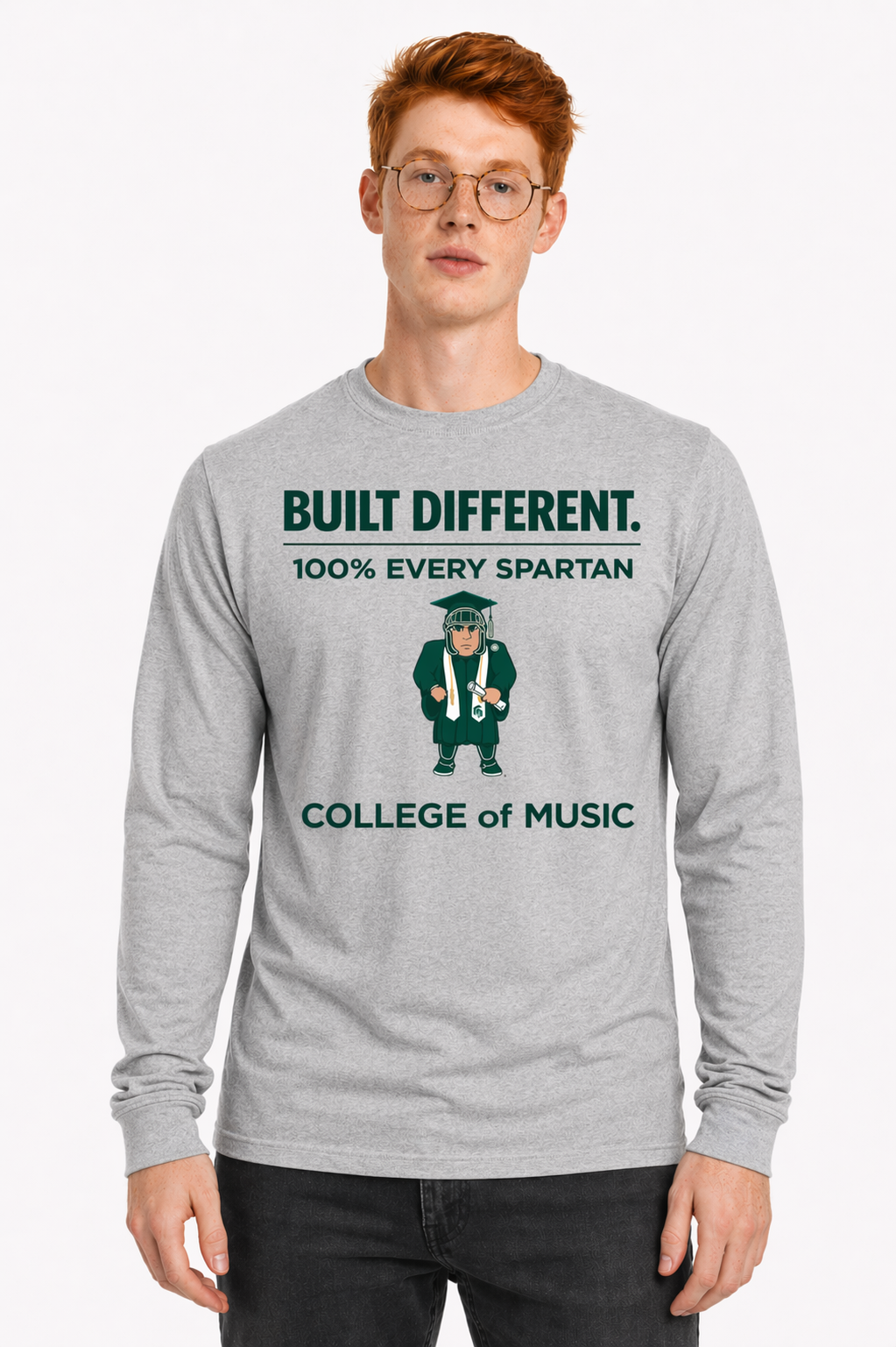 Gray college sweatshirt with “Built Different” text and Spartan graphic on a model against a white background