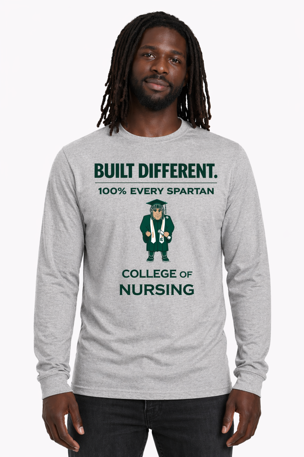 Gray long-sleeve shirt with “Built Different. 100% Everyday Spartan. College of Nursing” graphic and Spartan logo