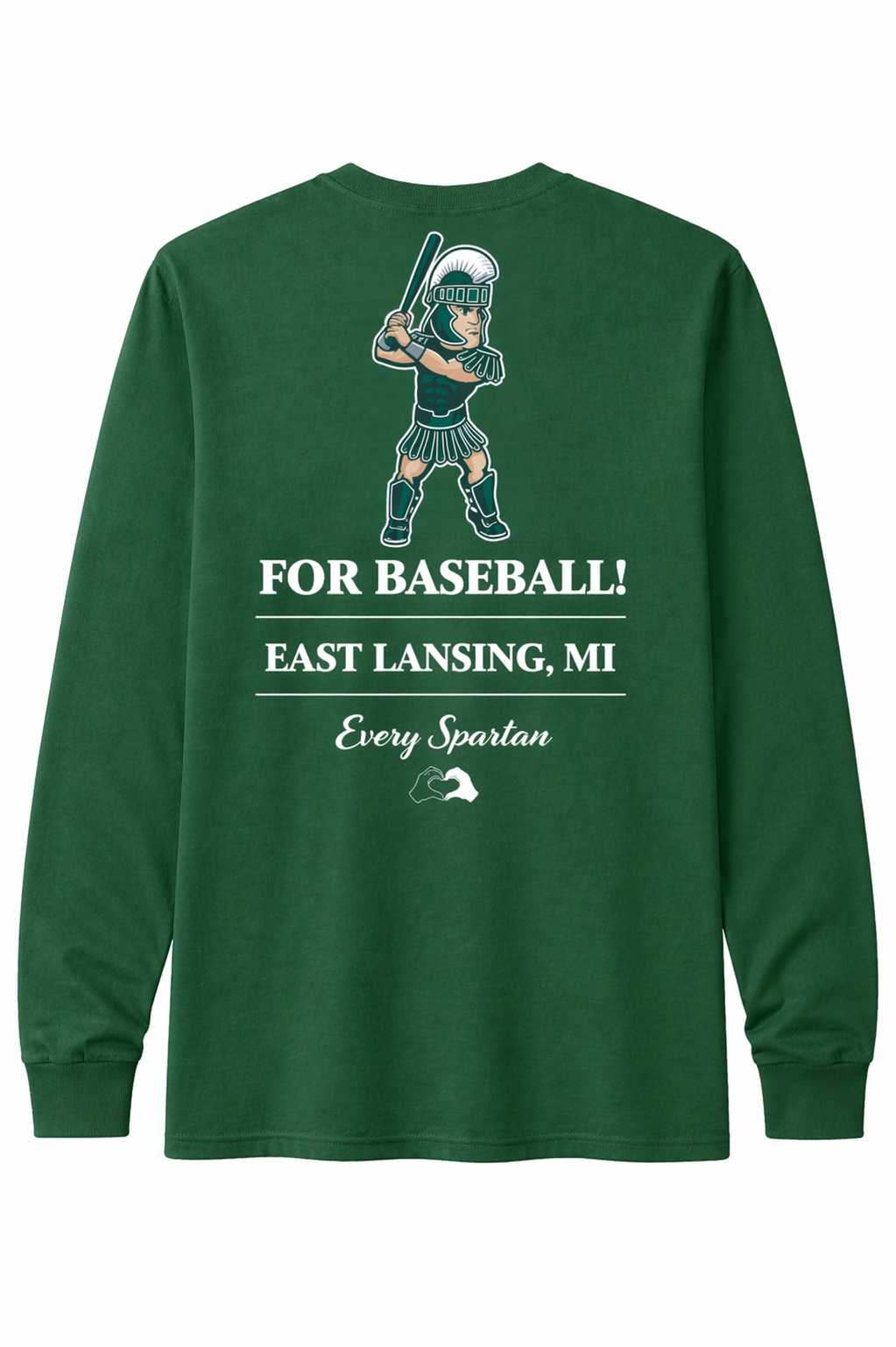 Green long-sleeve shirt with baseball graphic and text reading “FOR BASEBALL! EAST LANSING, MI”