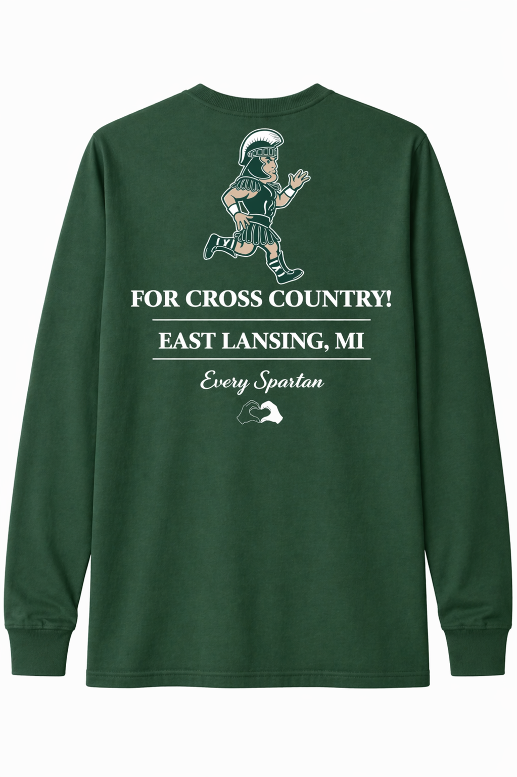 Dark green long-sleeve shirt with white “For Cross Country East Lansing, MI” text and runner graphic
